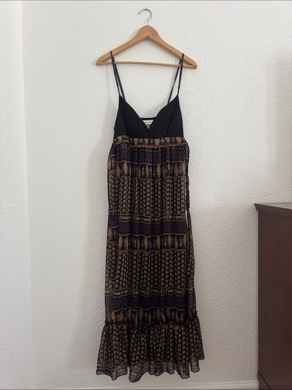Belle du Jour Black Patterned Boho Tiered Maxi Dress with Spaghetti Straps